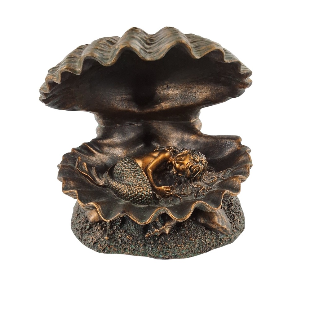 Bronze Tone Sleeping Mermaid in Clam Shell Figurine Nautical Decor 3.75in